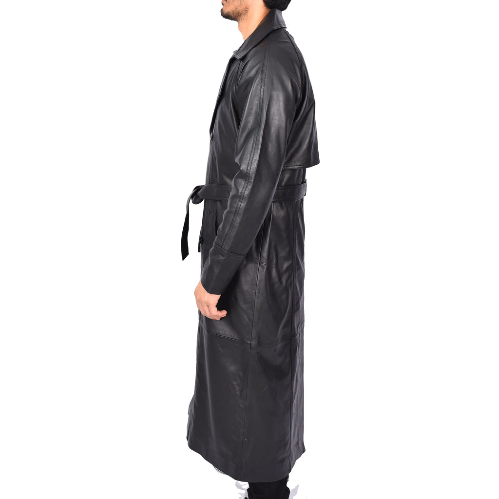 Men's Trench Double Breasted Full Length Leather Coat Black Oskar-2