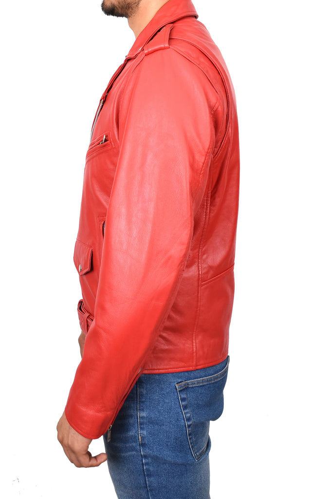 DR100 Men's Biker Real Leather Jacket Red 2