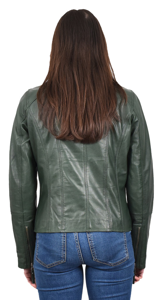 DR572 Women's Casual Cross Zip Leather Jacket Green 2