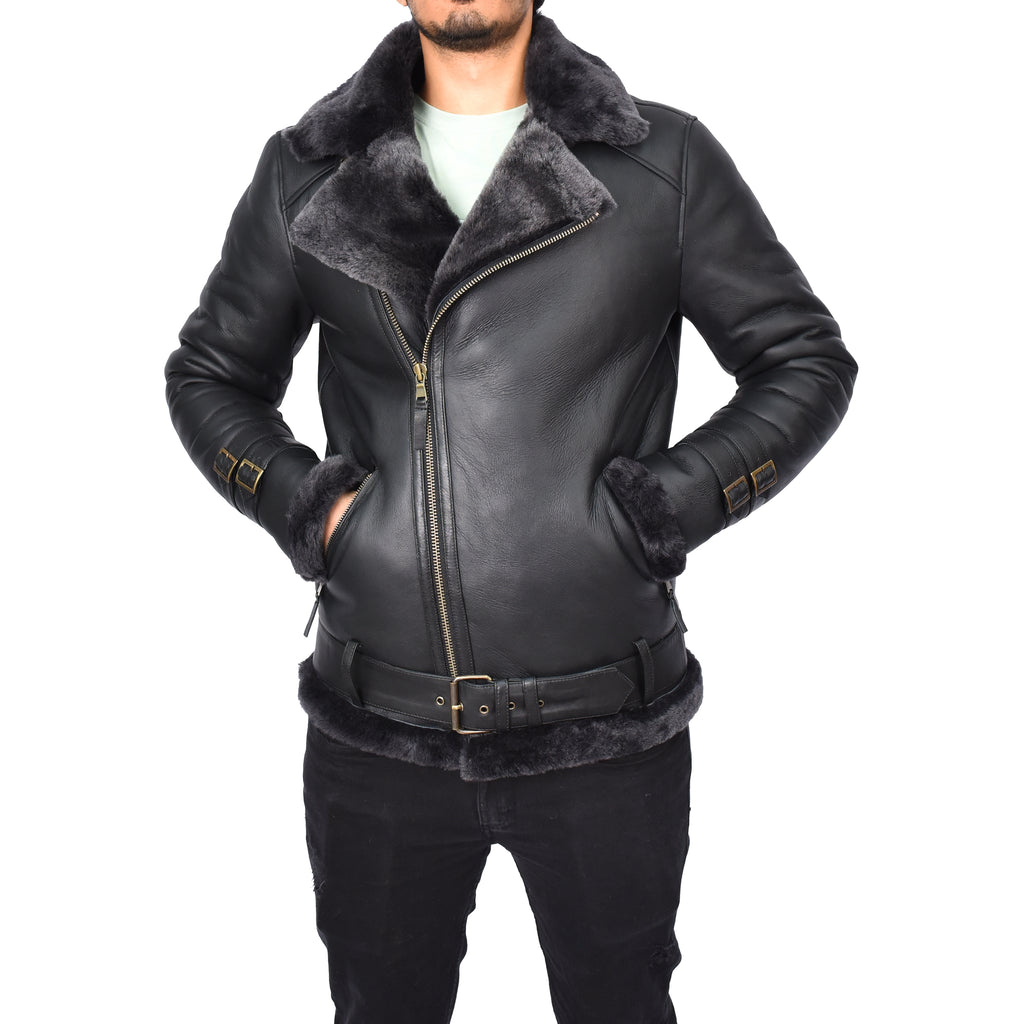 Men's Classic Aviator Real Sheepskin Jacket Flying Squad Black Pelle-1