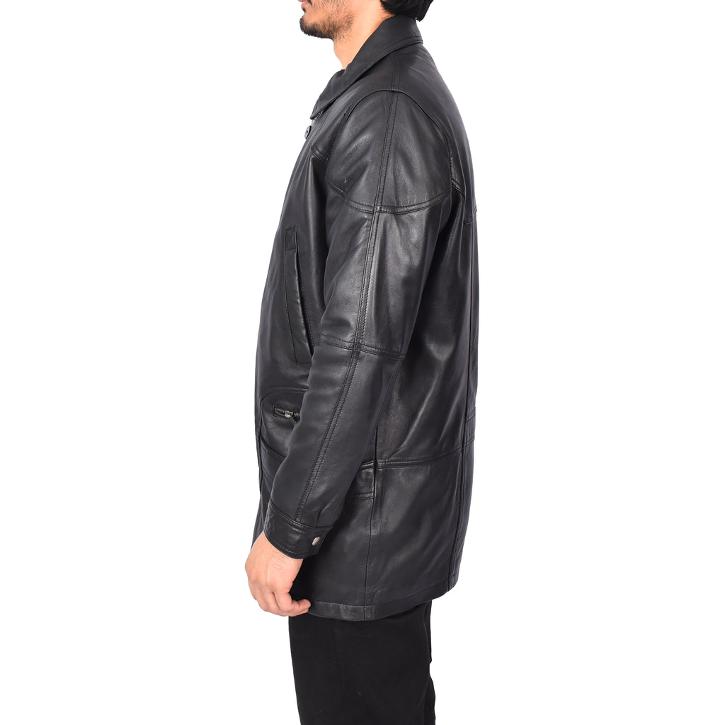 Men’s Genuine Leather Parka Overcoat Gents Car Coat Black Aric-2