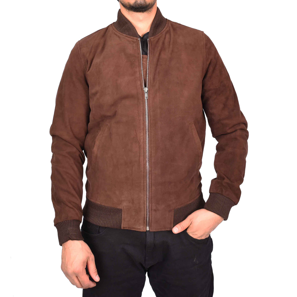 Men's Genuine Suede Leather Bomber Varsity Style Jacket Brown Raul-2