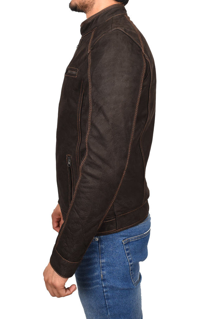 DR193 Men’s Real Waxed Leather Biker Jacket Brown 2