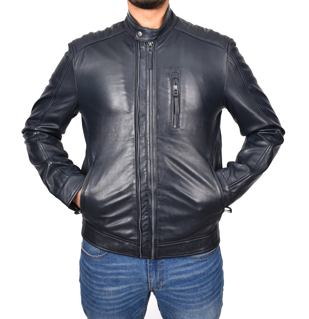 DR185 Men's Real Leather Biker Jacket Navy 2