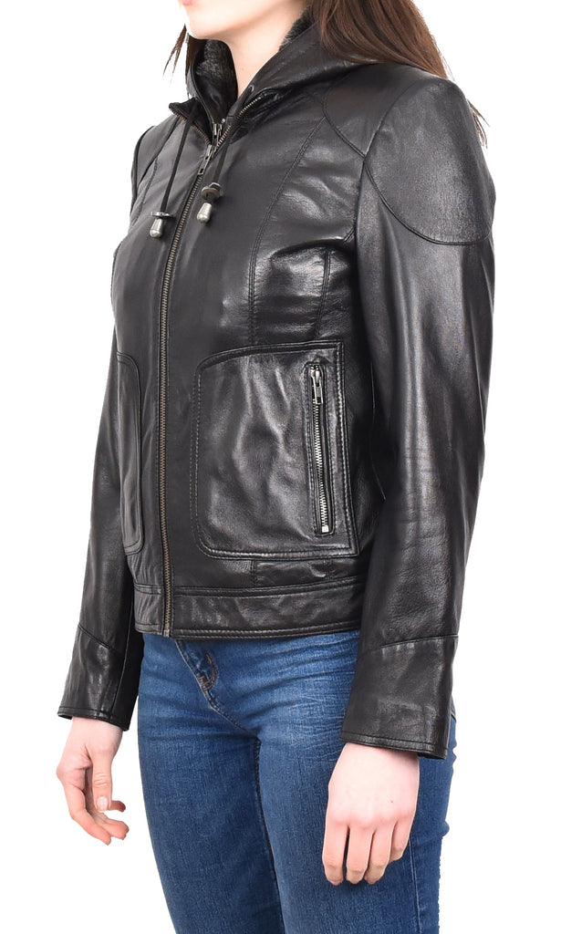 DR266 Women’s Black Leather Biker Style Jacket With Removable Hood 2