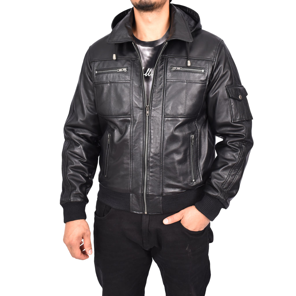 Men’s Leather Detachable Hooded Bomber Jacket Black Jurgen-3