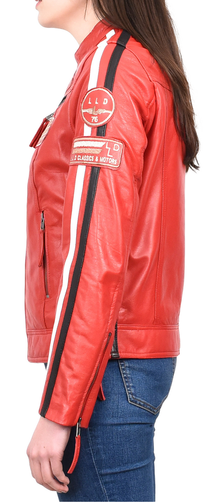 DR674 Women's Soft Real Leather Racing Biker Jacket Red 3