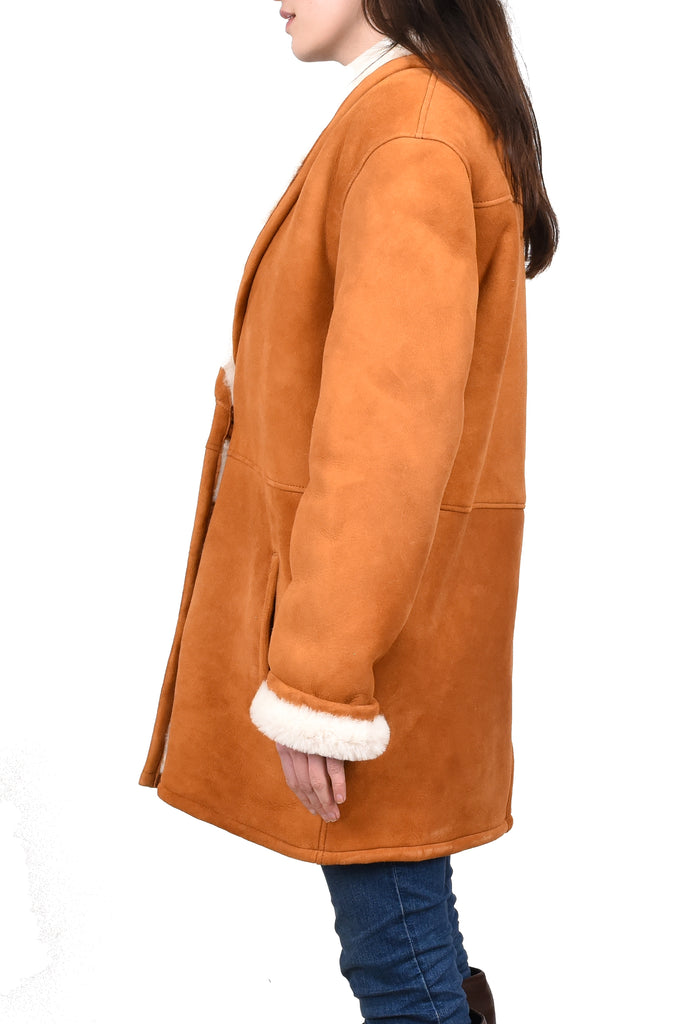 DR595 Women's Soft Sheepskin Mid Length Coat With Fur Collar Cognac 3