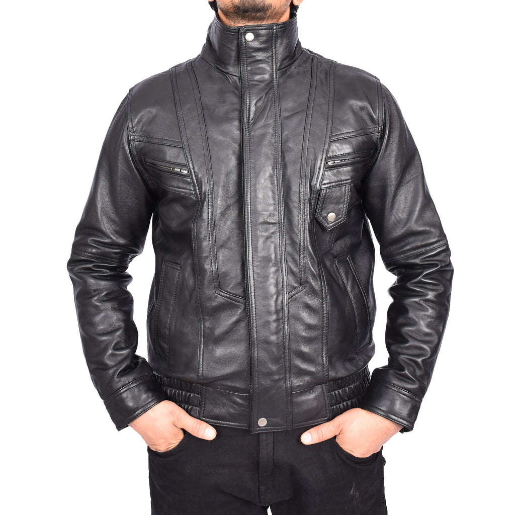 Men's Real Leather Classic Black Jacket Bomber Blouson Style Errick-3