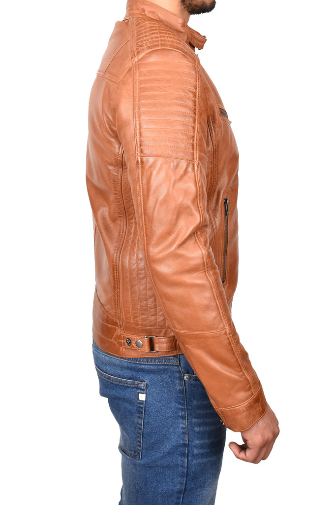 DR101 Men's Leather Cafe Racer Biker Jacket Tan 3