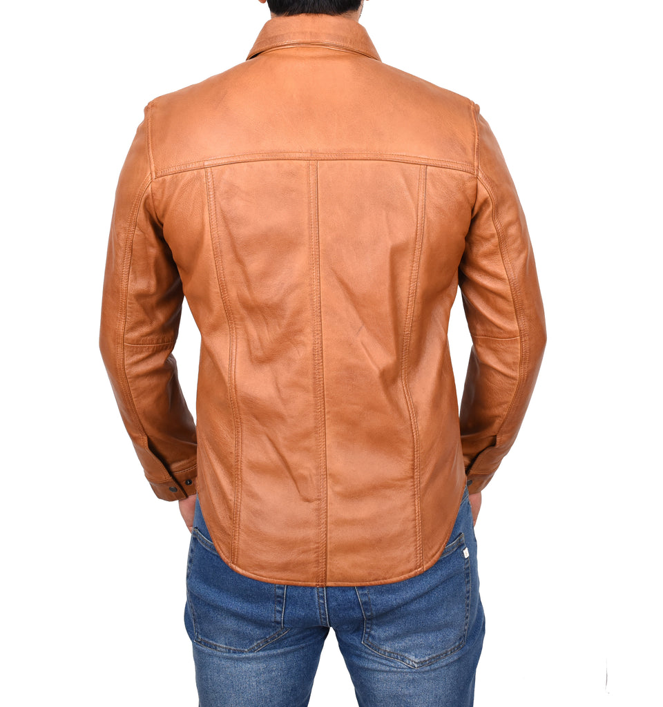 DR548 Men's Classic Leather Trucker Style Shirt Tan 3