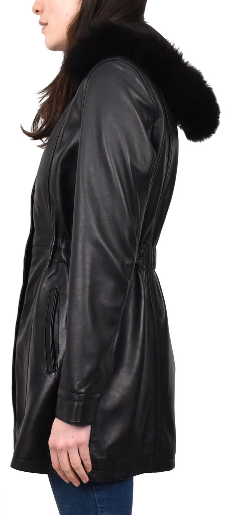DR204 Women's Smart Long Leather Coat Hood with Fur Black 3