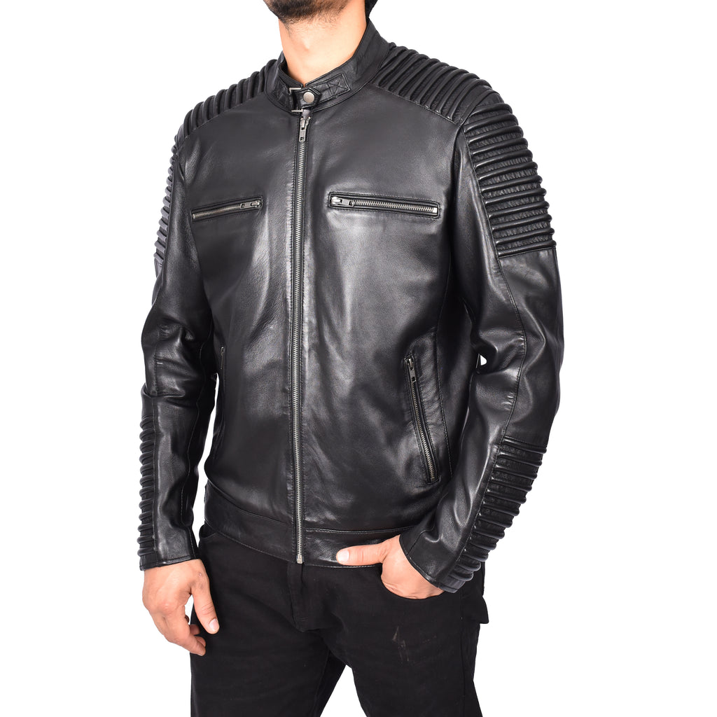 Men's Classic Rough Ride Biker Leather Jacket Black Valderma-3