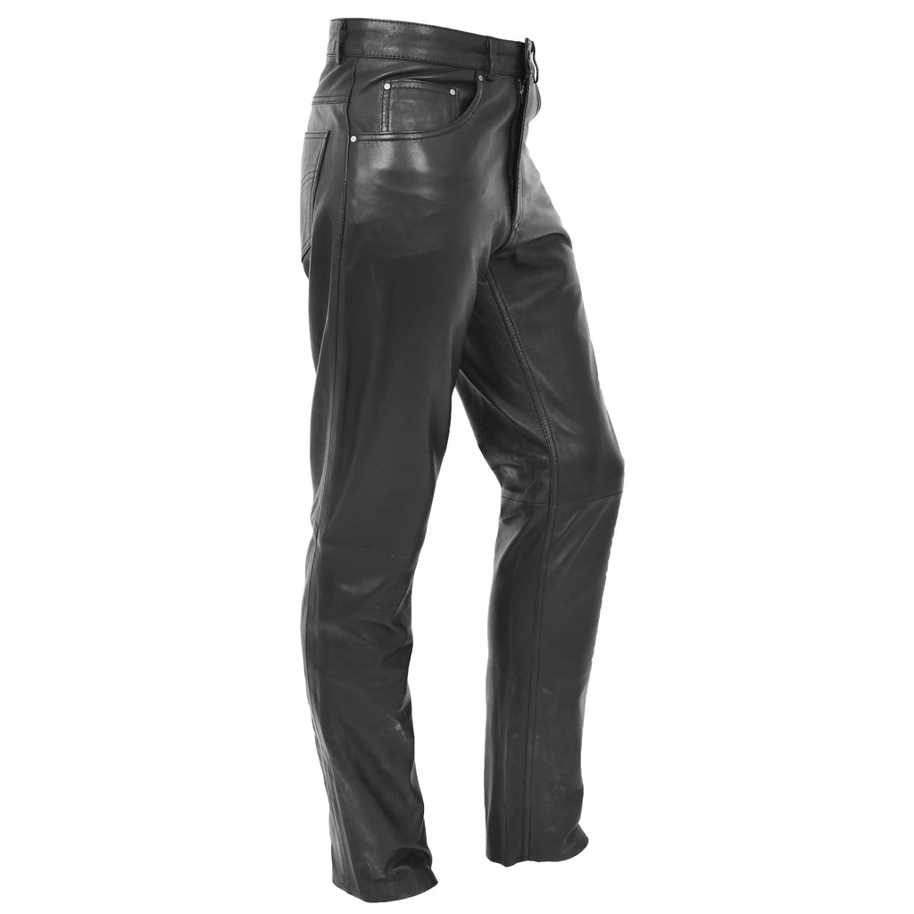 DR577 Men's Regular Fit Classic Straight Leg Leather Trousers Black 3