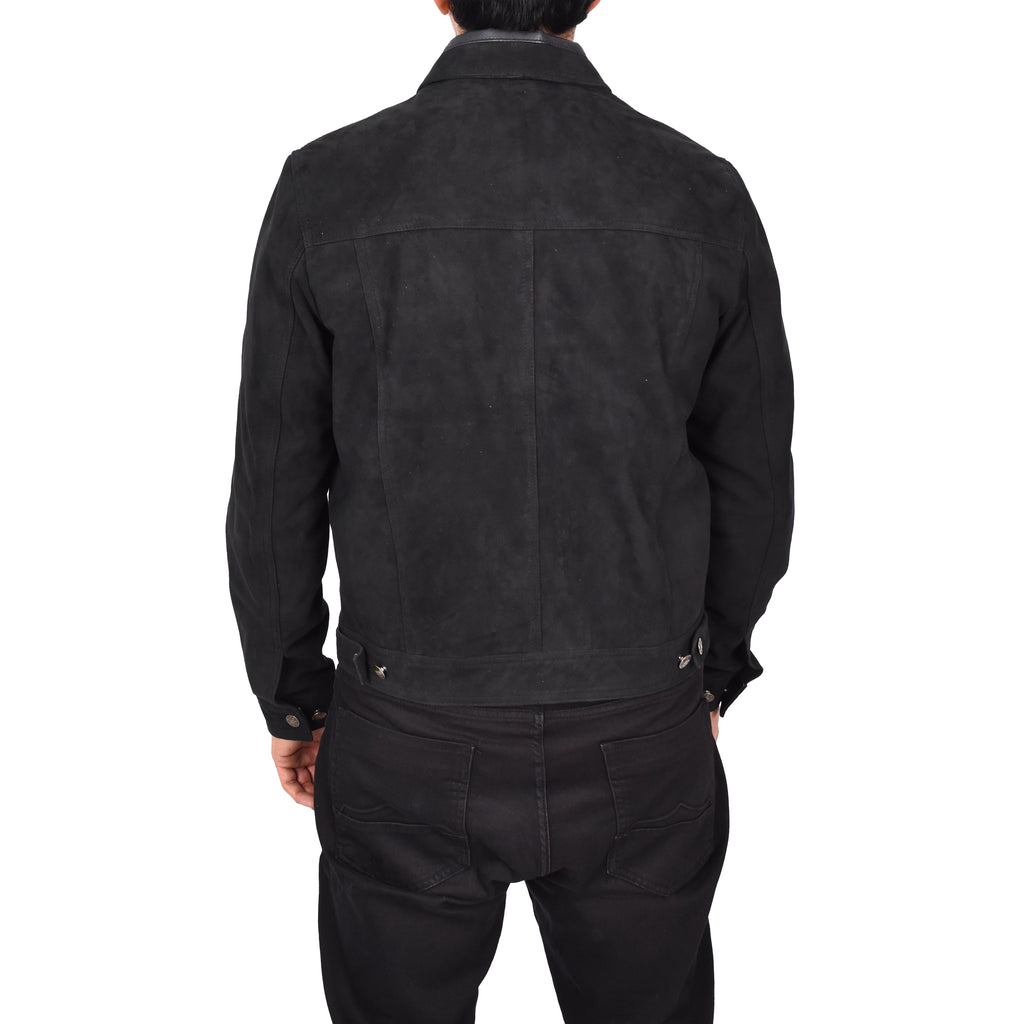 Men's Genuine Suede Buttoned Leather Jacket Trucker Style Black Rorik-3