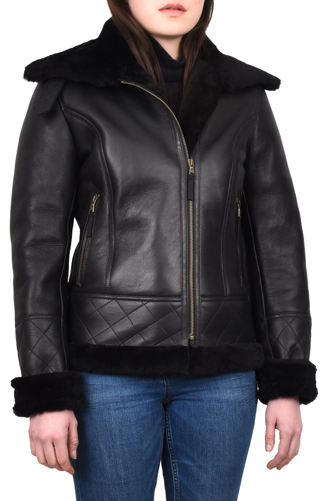 DR533 Women's Real Sheepskin Aviator Jacket Black 3