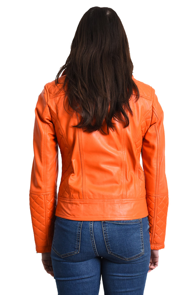 DR238 Women's Leather Biker Jacket with Quilt Detail Orange 3