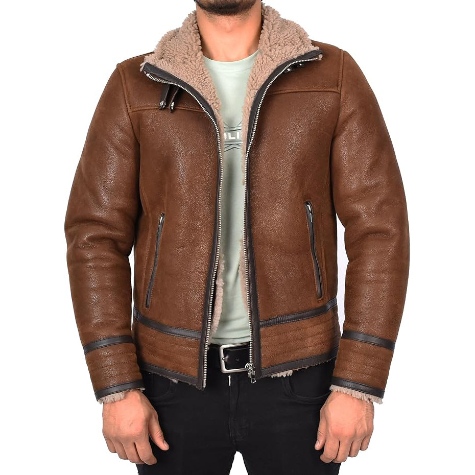 Men’s Retro Pilot Sheepskin Leather Biker Jacket  Flying Aviator Style Casper Brown-3