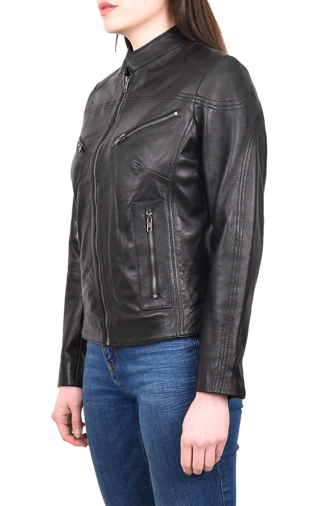 DR200 Ladies Classic Casual Biker Leather Jacket Black 3