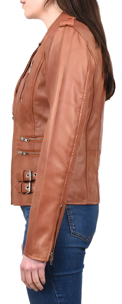 DR195 Women’s Trendy Biker Leather Jacket Cognac 3