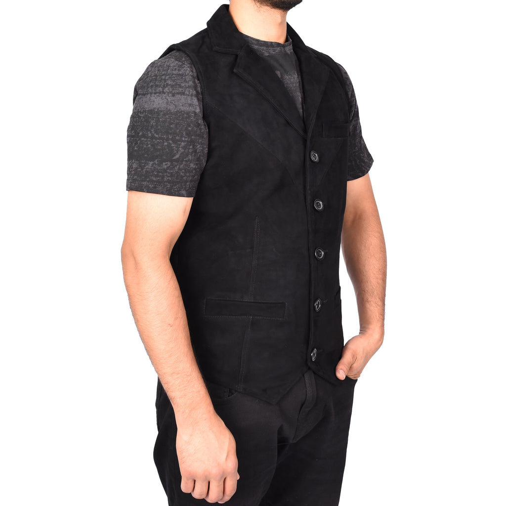 Men's Blazer Style Suede Leather Waistcoat Gents Vests Black Howie-3