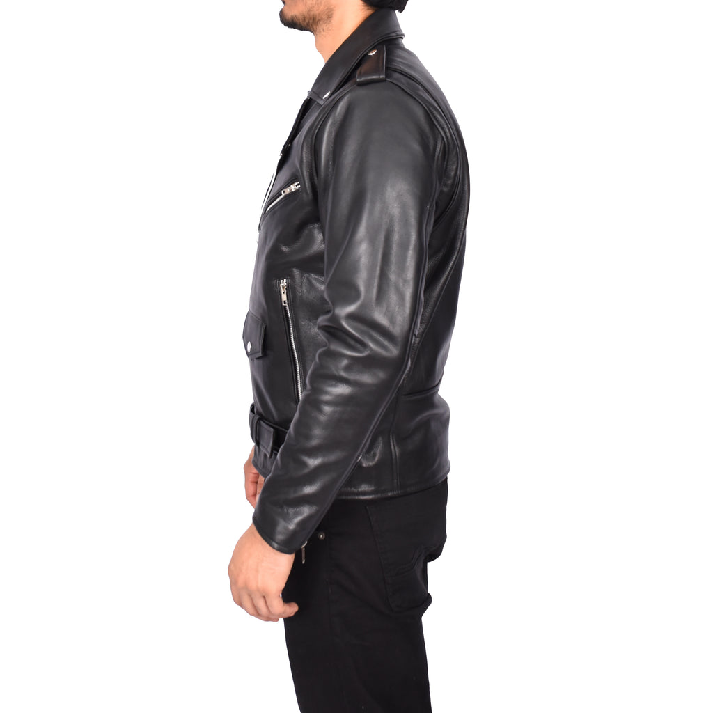 Men's Hard Wearing Real Cowhide Leather Biker Jacket Black Gunther-3