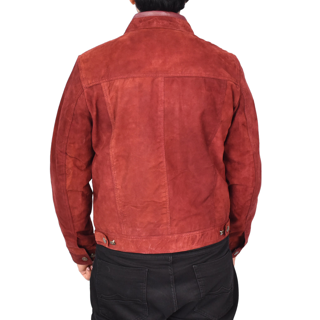 Men's Genuine Suede Buttoned Leather Jacket Trucker Style Burgundy Rorik-3