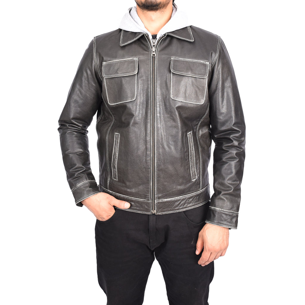 Men's Detachable Hood Biker Real Leather Jacket Kelby Grey-3