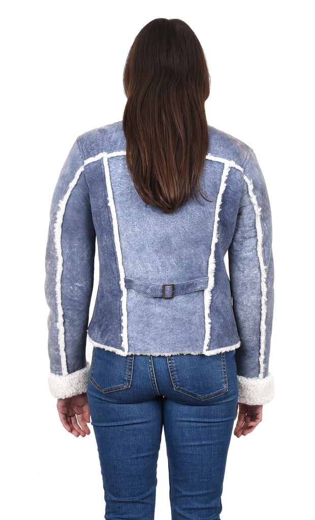 DR239 Women's Real Sheepskin Trucker Jacket Denim Blue 3