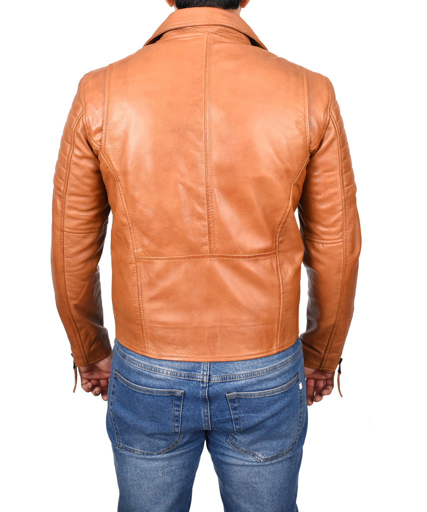 DR145 Men's Quilted Biker Leather Jacket Tan 3