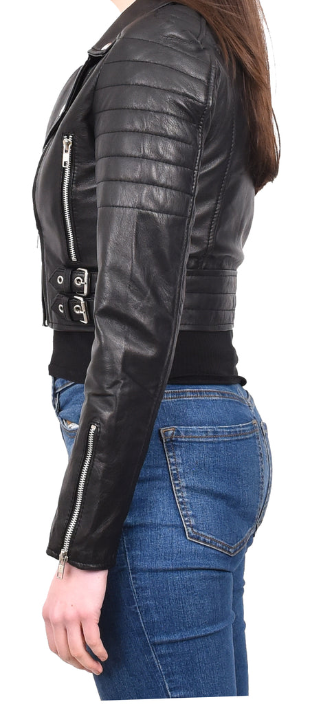 DR197 Women's Short Leather Stylish Biker Jacket Black 3