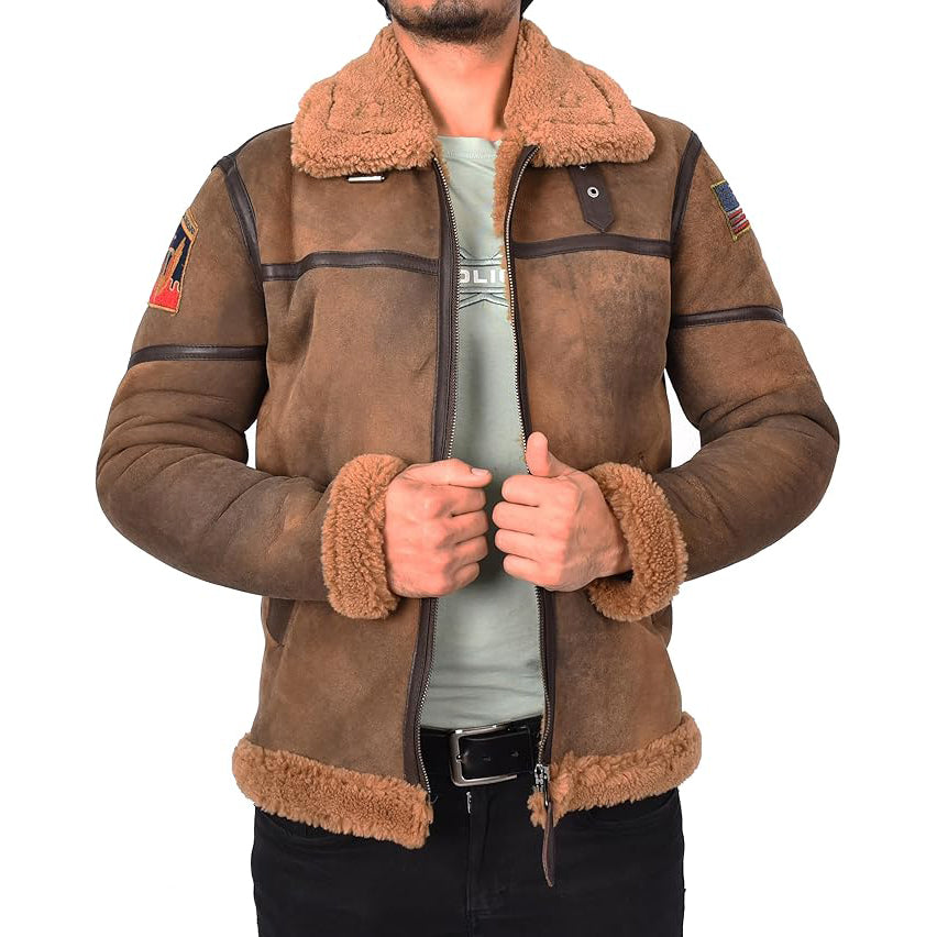 Men’s Distressed Finish Sheepskin B3 Bomber Jacket with Badges Aviator Axel Brown-3