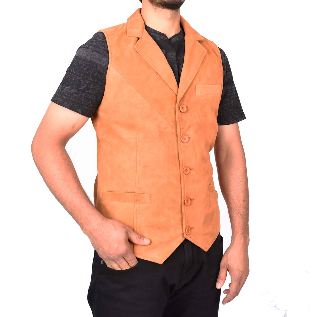 Men's Blazer Style Suede Leather Waistcoat Gents Vests Tan Howie-3