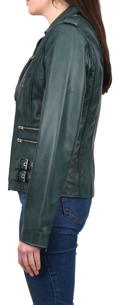 DR195 Women’s Trendy Biker Leather Jacket Teal 3