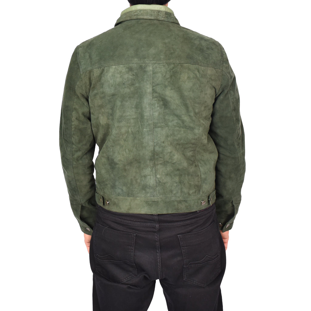 Men's Genuine Suede Buttoned Leather Jacket Trucker Style Green Rorik-3