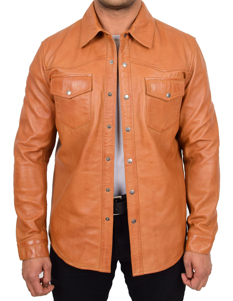 DR548 Men's Classic Leather Trucker Style Shirt Tan 3