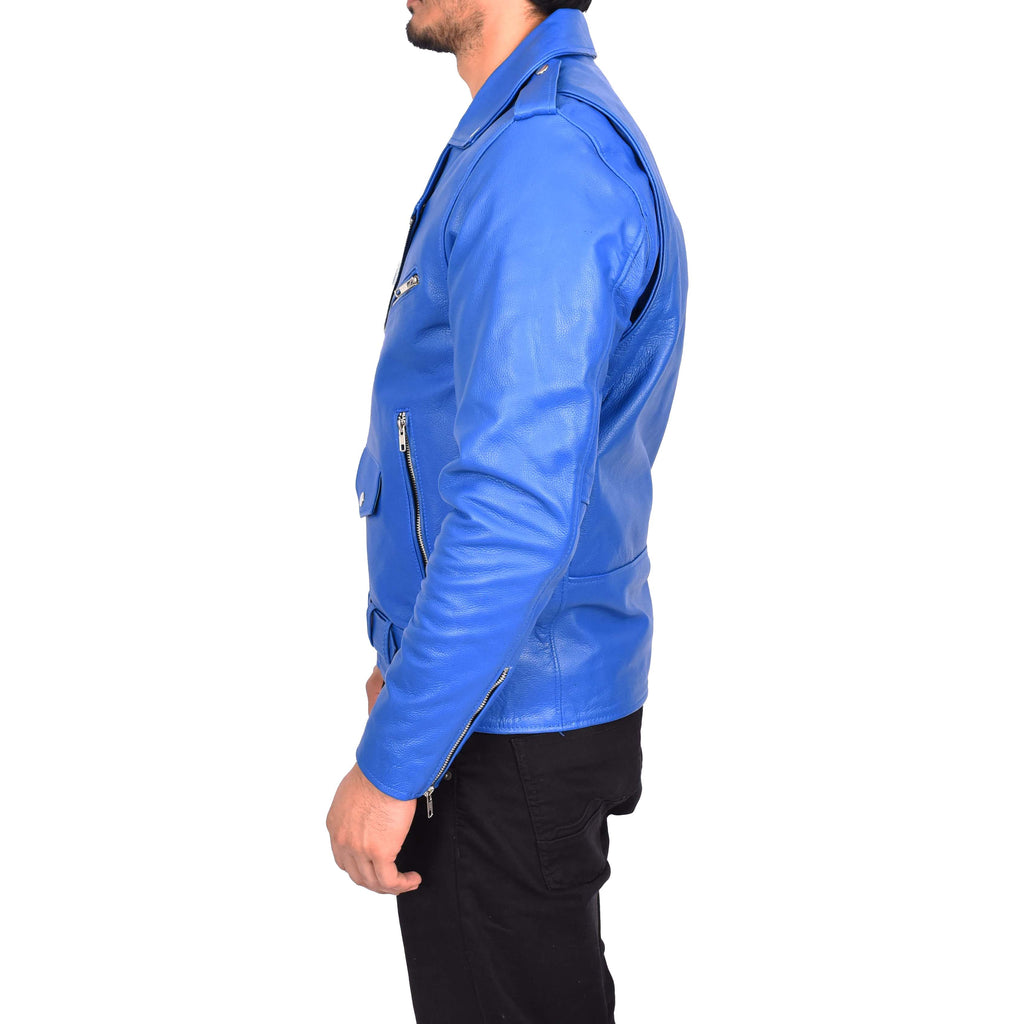 Men's Hard Wearing Real Cowhide Leather Biker Jacket Blue Gunther-3