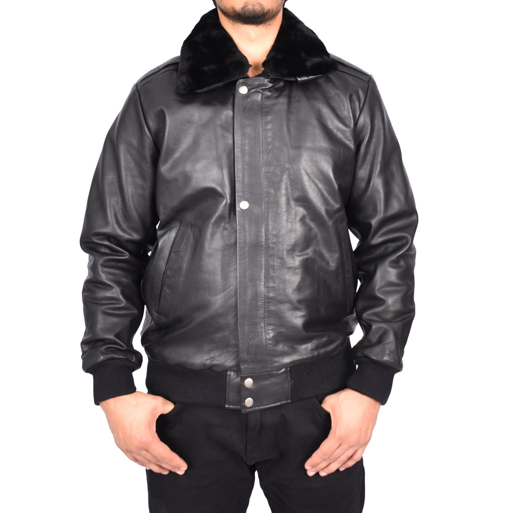 Men's Real Leather Bomber Pilot Jacket Removable Collar Black Edzard-3