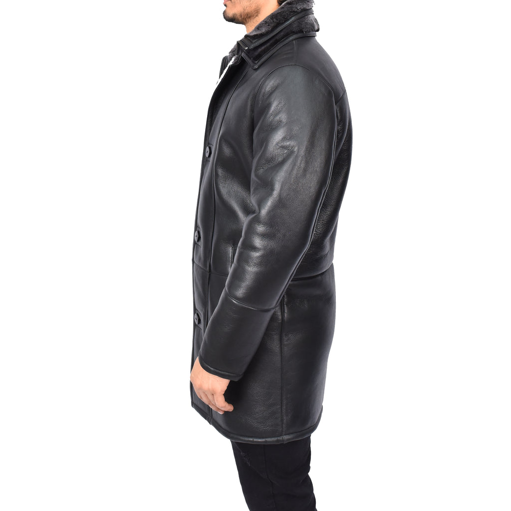 Mens Retro ¾ Length Long Real Shearling Sheepskin Coat Winter Warm Bastian Black-4