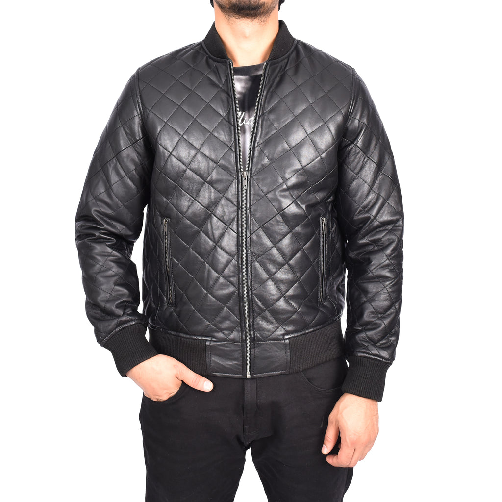 Men's Real Leather Quilted Bomber Jacket Black Raulin-3