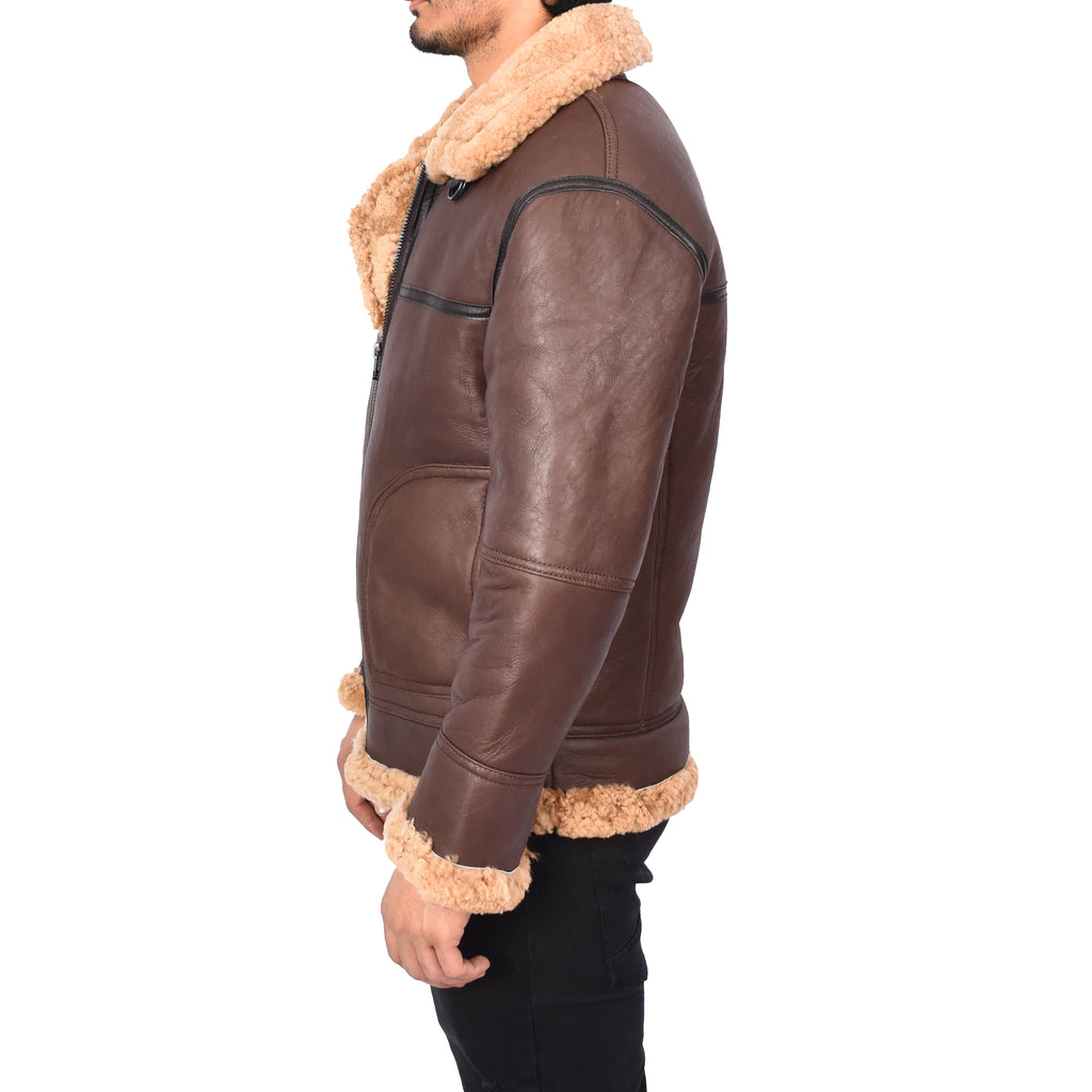 Mens Retro B3 Real Shearling Sheepskin Aviator Flying Jacket Ender Brown-4