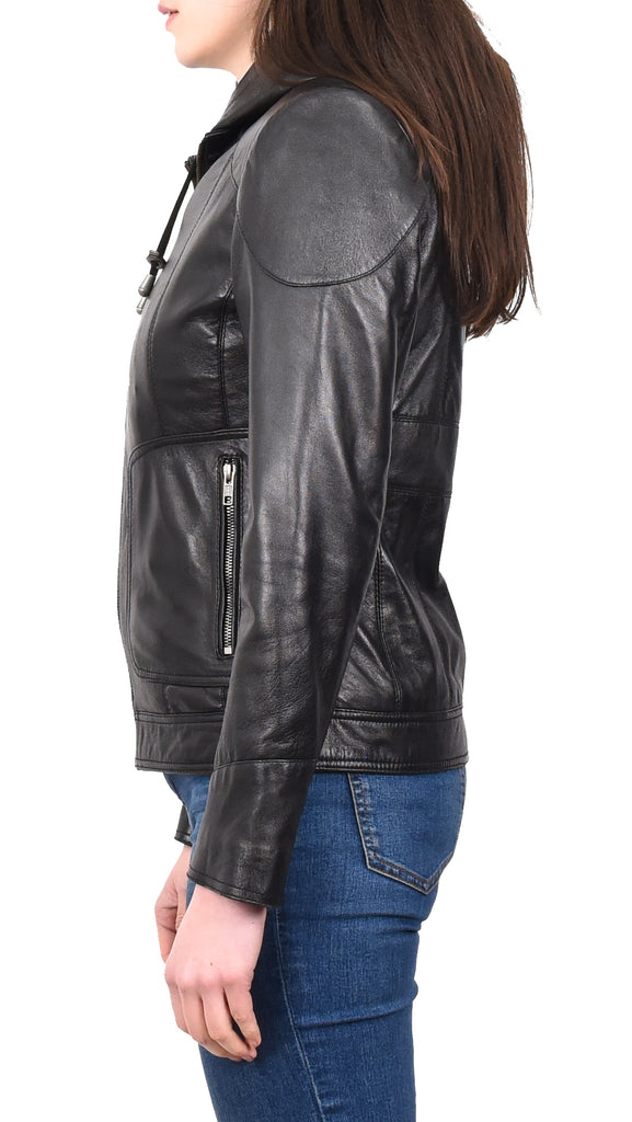 DR266 Women’s Black Leather Biker Style Jacket With Removable Hood 3