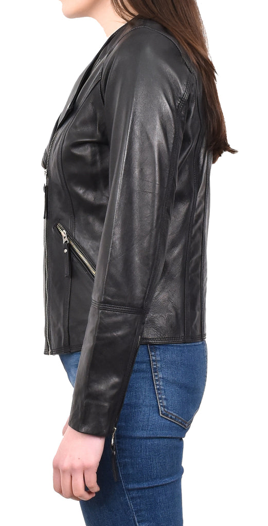 DR572 Women's Casual Cross Zip Leather Jacket Black 3