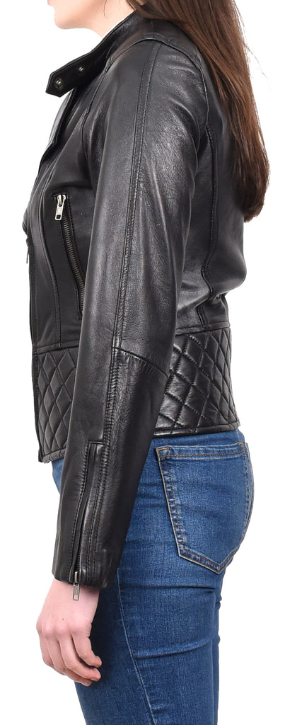 DR233 Women's Biker Leather Jacket Quilted Design Black 3