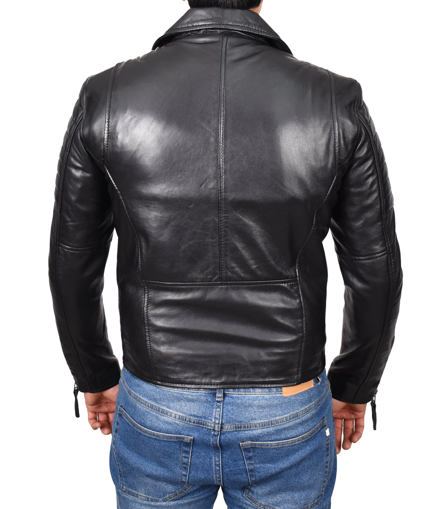 DR145 Men's Quilted Biker Leather Jacket Black 3