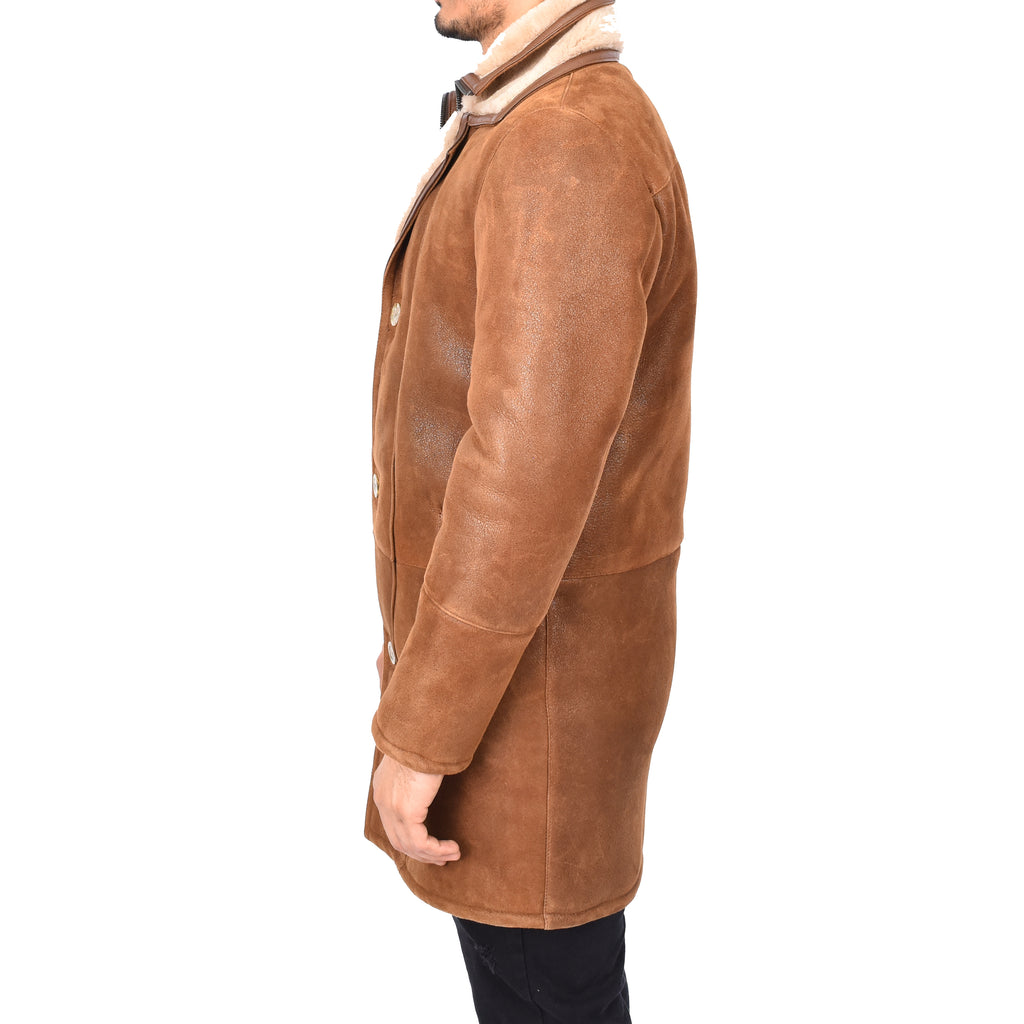 Mens Retro ¾ Length Long Real Shearling Sheepskin Coat Winter Warm Bastian Tan-5