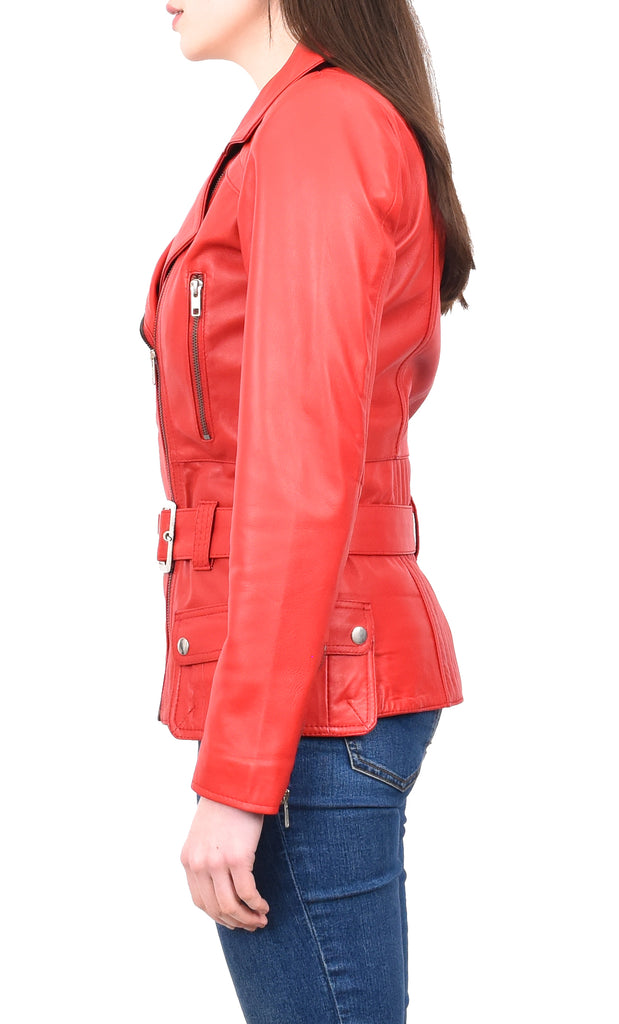 DR205 Women’s Slim Fit Cut Hip Length Biker Leather Jacket Red 3