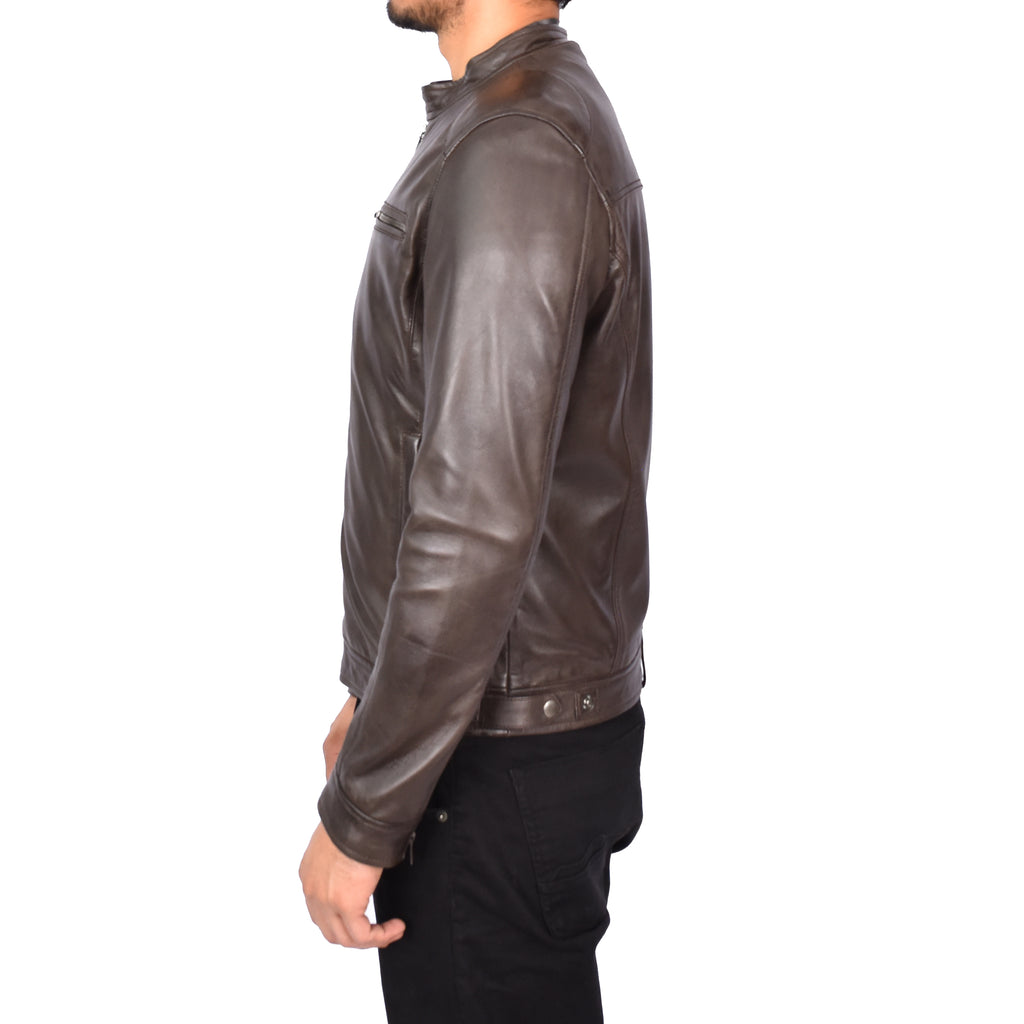 Men's Vintage Style Biker Real Leather Jacket Brown Dagen-3