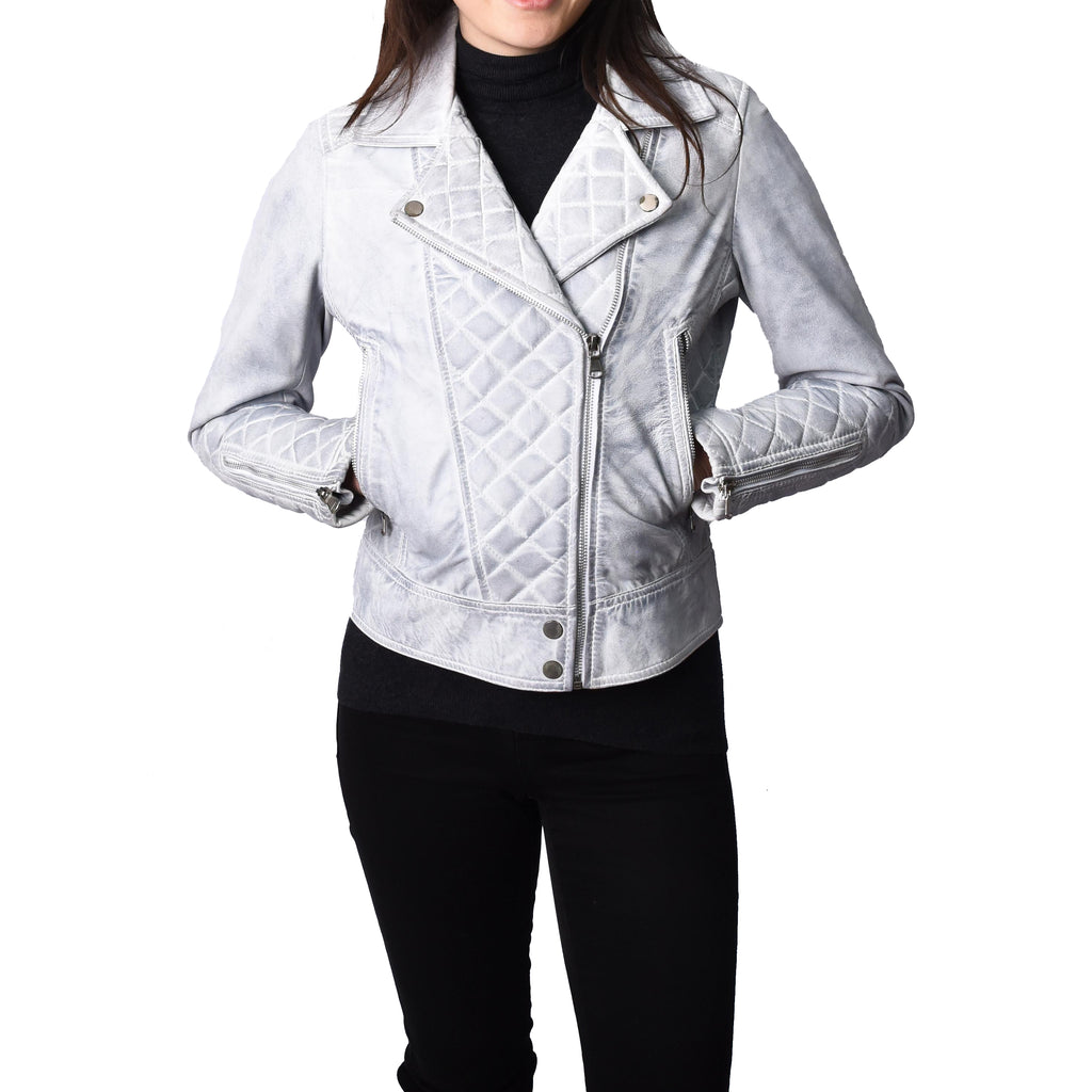 Women's Real Leather Biker Jacket with Quilt Detail White Motoquilt 3