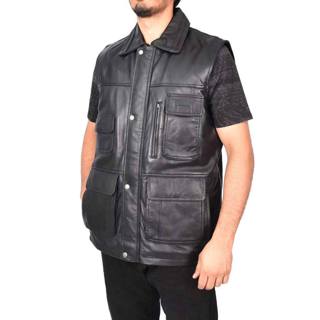 Men's Camping Gilet Fisherman Leather Waistcoat Black Davin 3